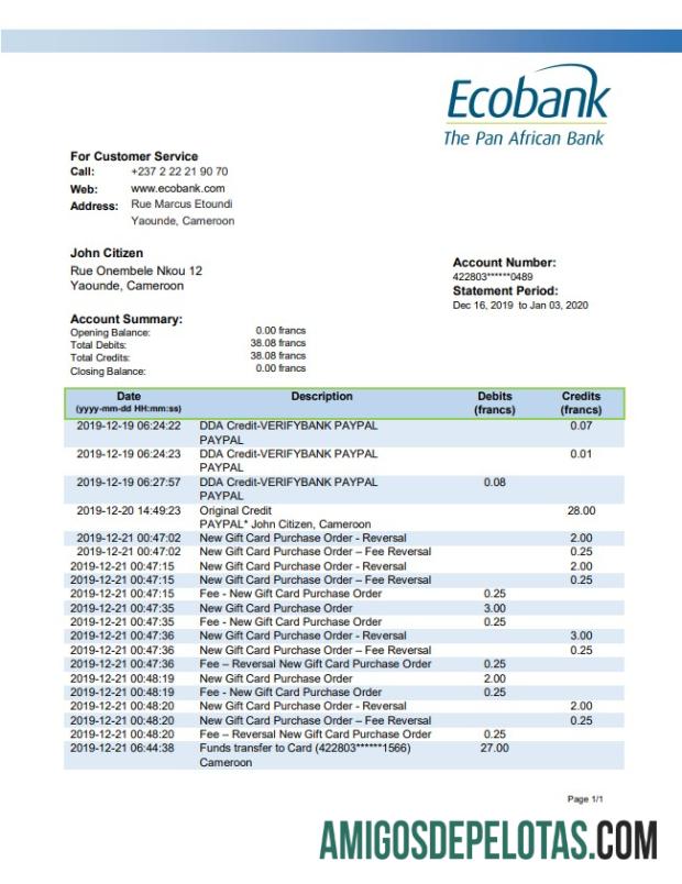 Exemplo do Ecobank dos Camarões